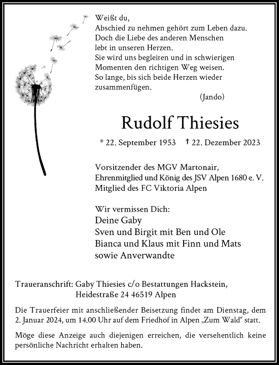 Traueranzeige von Rudolf Thiesies von Rheinische Post