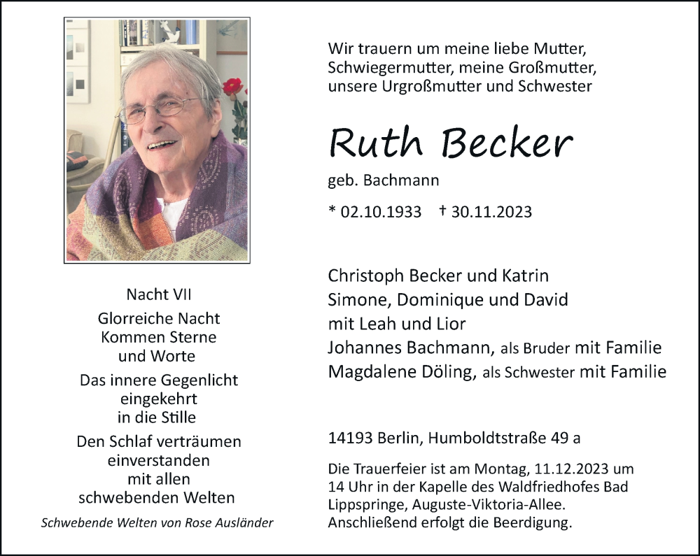  Traueranzeige für Ruth Becker vom 07.12.2023 aus Rheinische Post