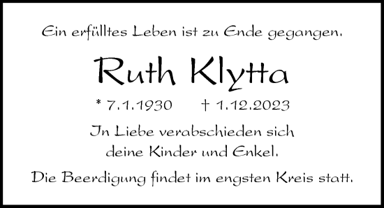 Traueranzeige von Ruth Klytta von Rheinische Post
