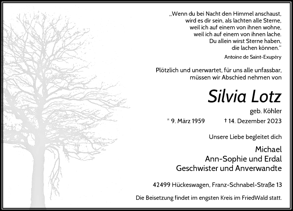  Traueranzeige für Silvia Lotz vom 23.12.2023 aus Rheinische Post