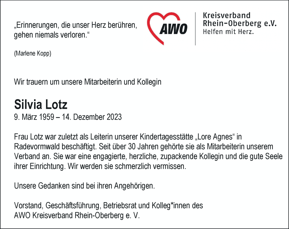  Traueranzeige für Silvia Lotz vom 23.12.2023 aus Rheinische Post