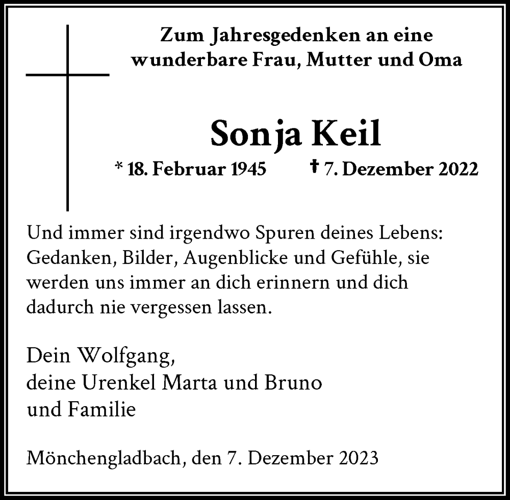  Traueranzeige für Sonja Keil vom 07.12.2023 aus Rheinische Post