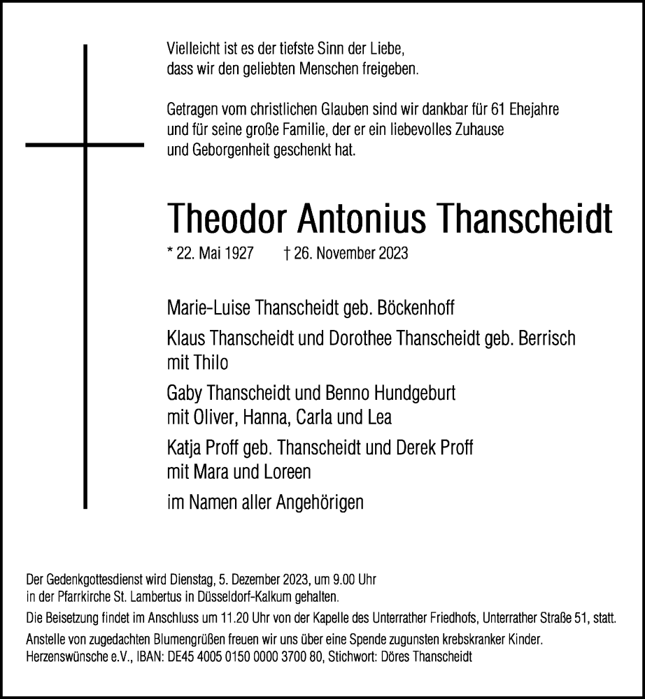  Traueranzeige für Theodor Antonius Thanscheidt vom 02.12.2023 aus Rheinische Post