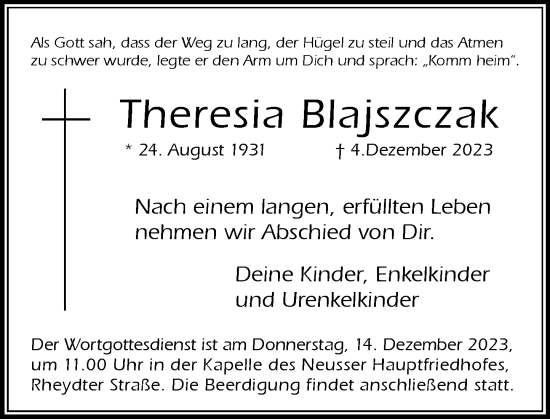 Traueranzeige von Theresia Blajszczak von Rheinische Post