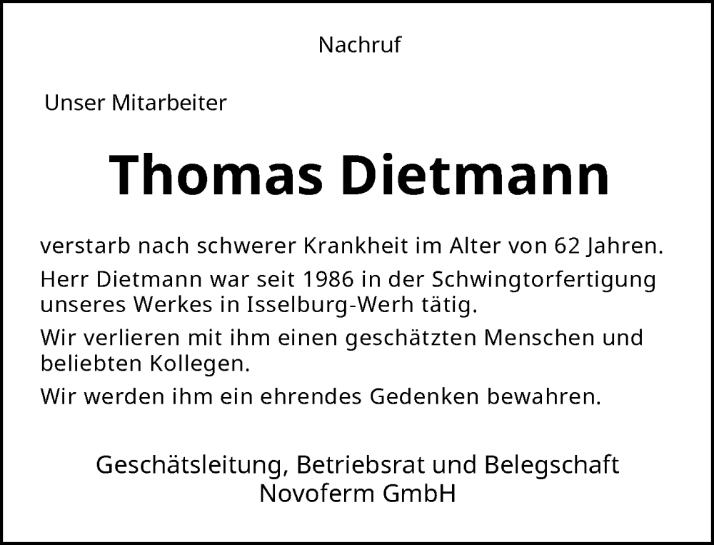 Traueranzeige für Thomas Dietmann vom 01.12.2023 aus Rheinische Post