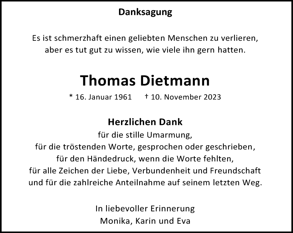  Traueranzeige für Thomas Dietmann vom 12.12.2023 aus Rheinische Post