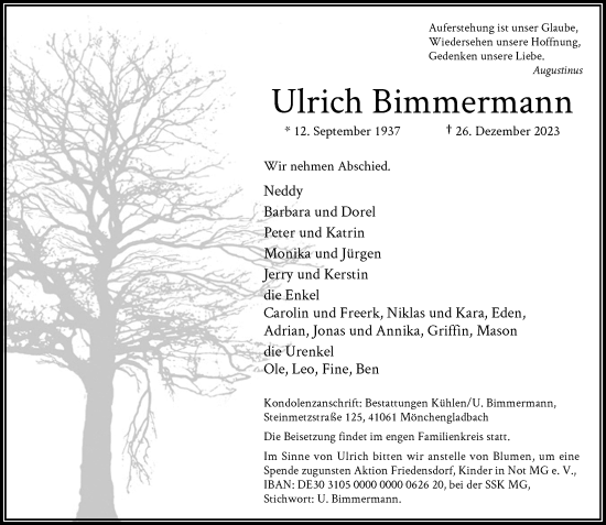 Traueranzeige von Ulrich Bimmermann von Rheinische Post
