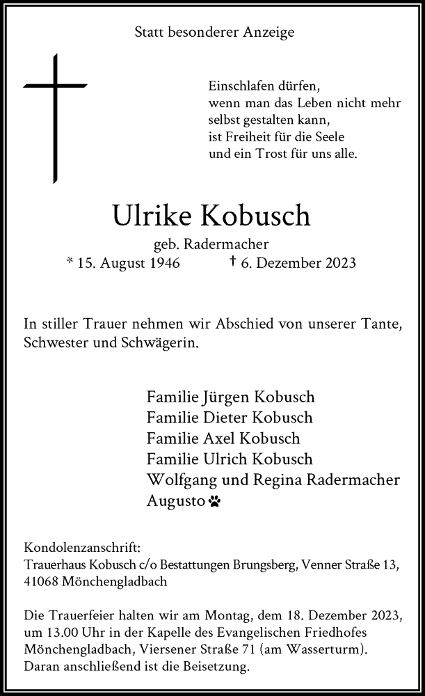  Traueranzeige für Ulrike Kobusch vom 13.12.2023 aus Rheinische Post