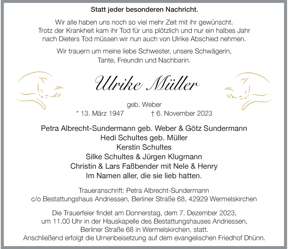  Traueranzeige für Ulrike Müller vom 02.12.2023 aus Rheinische Post