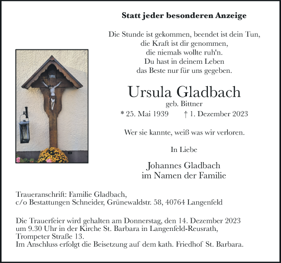 Traueranzeige von Ursula Gladbach von Rheinische Post