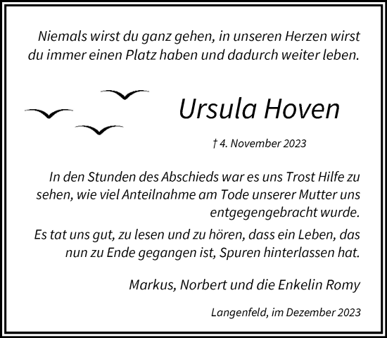 Traueranzeige von Ursula Hoven von Rheinische Post