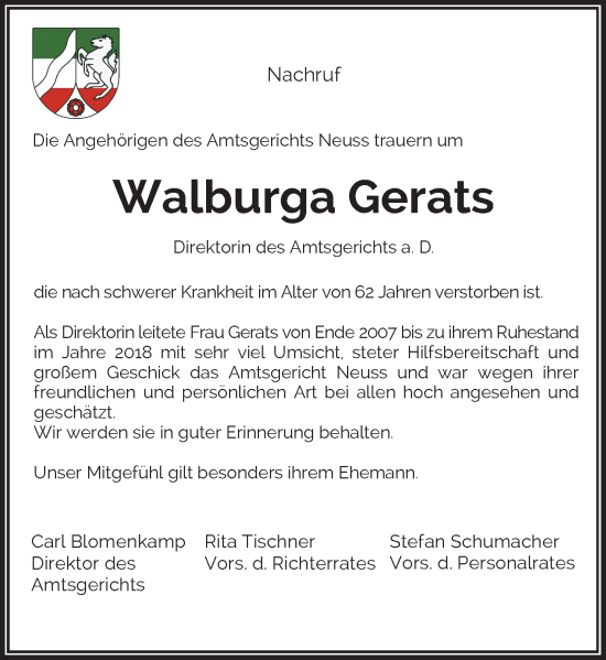 Traueranzeige von Walburga Gerats von Rheinische Post