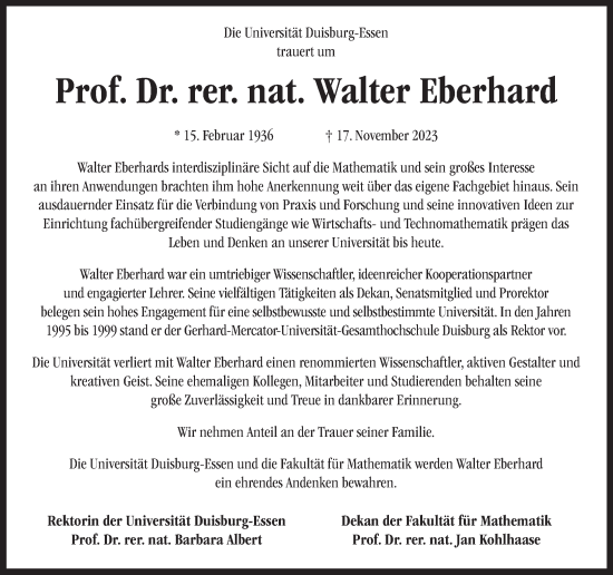 Traueranzeige von Walter Eberhard von Rheinische Post