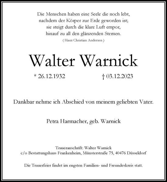 Traueranzeige von Walter Warnick von Rheinische Post