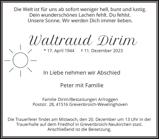 Traueranzeige von Waltraud Dirim von Rheinische Post