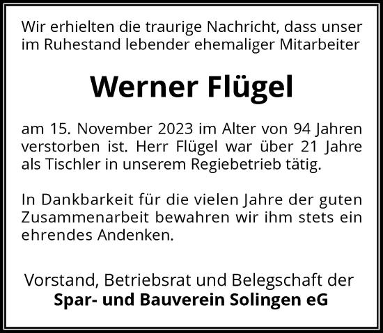 Traueranzeige von Werner Flügel von Rheinische Post