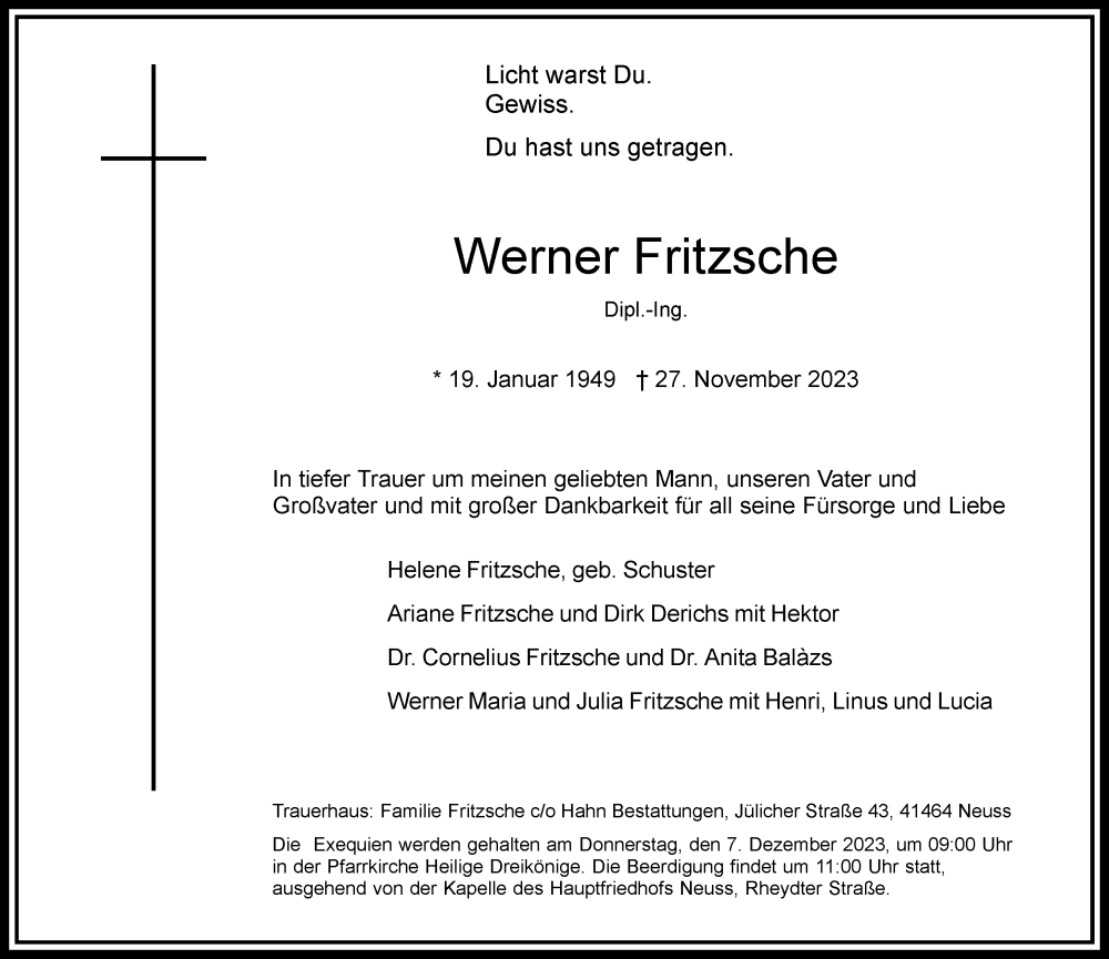  Traueranzeige für Werner Fritzsche vom 02.12.2023 aus Rheinische Post