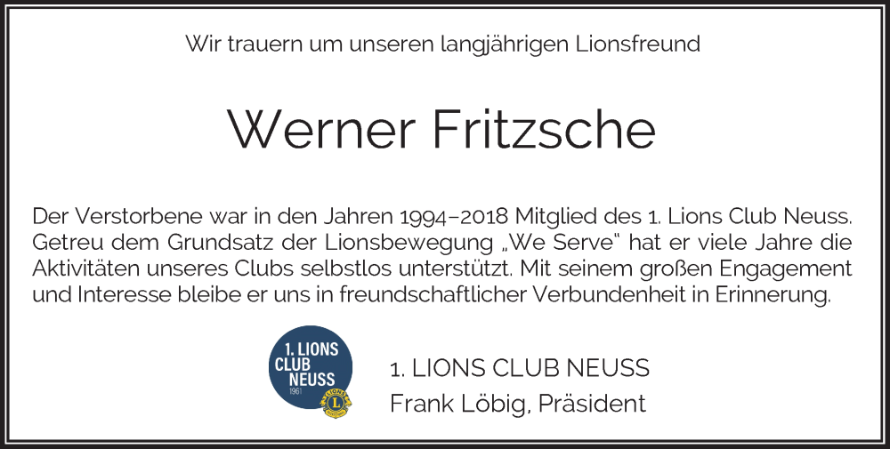  Traueranzeige für Werner Fritzsche vom 16.12.2023 aus Rheinische Post