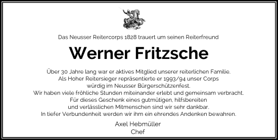 Traueranzeige von Werner Fritzsche von Rheinische Post