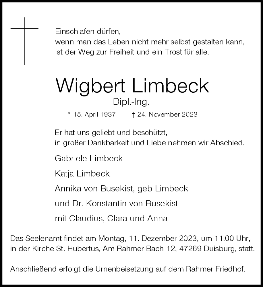  Traueranzeige für Wigbert Limbeck vom 02.12.2023 aus Rheinische Post
