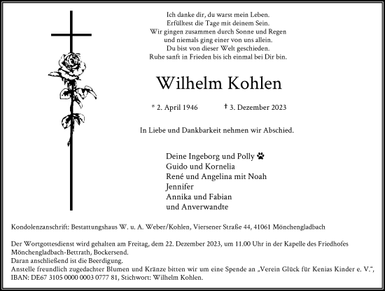 Traueranzeige von Wilhelm Kohlen von Rheinische Post