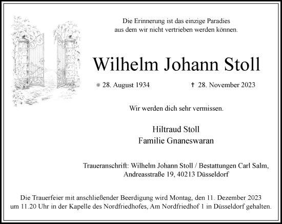 Traueranzeige von Wilhelm Johann Stoll von Rheinische Post