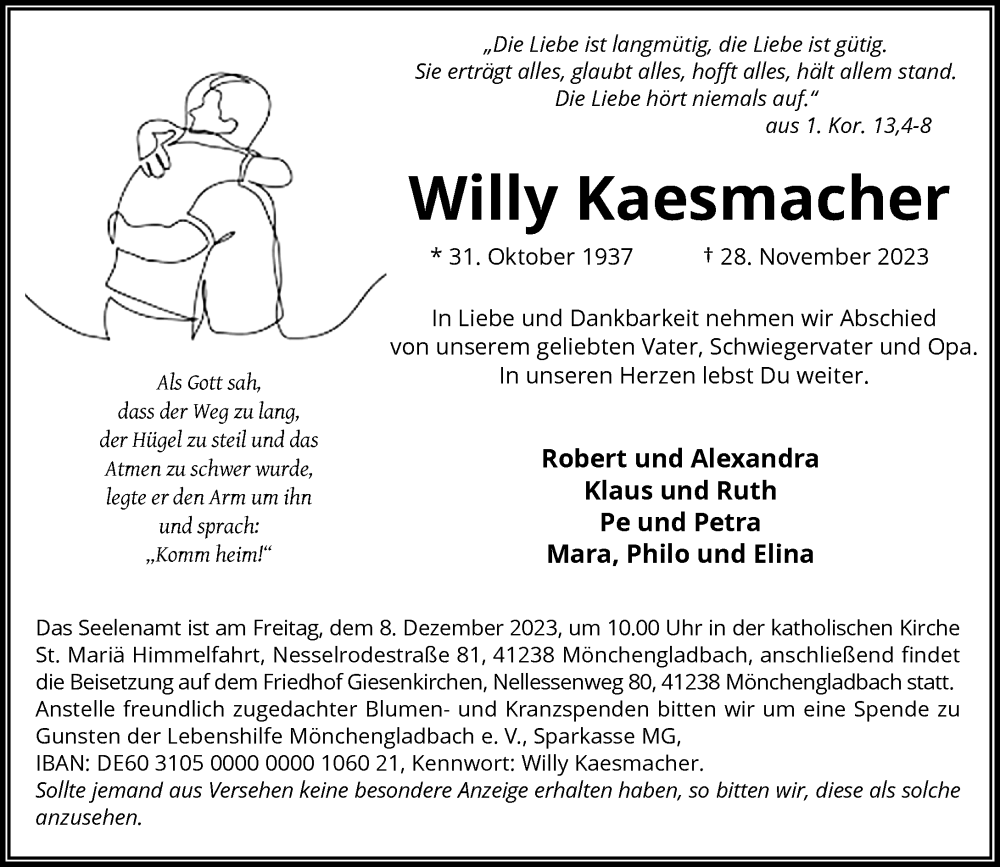  Traueranzeige für Willy Kaesmacher vom 02.12.2023 aus Rheinische Post