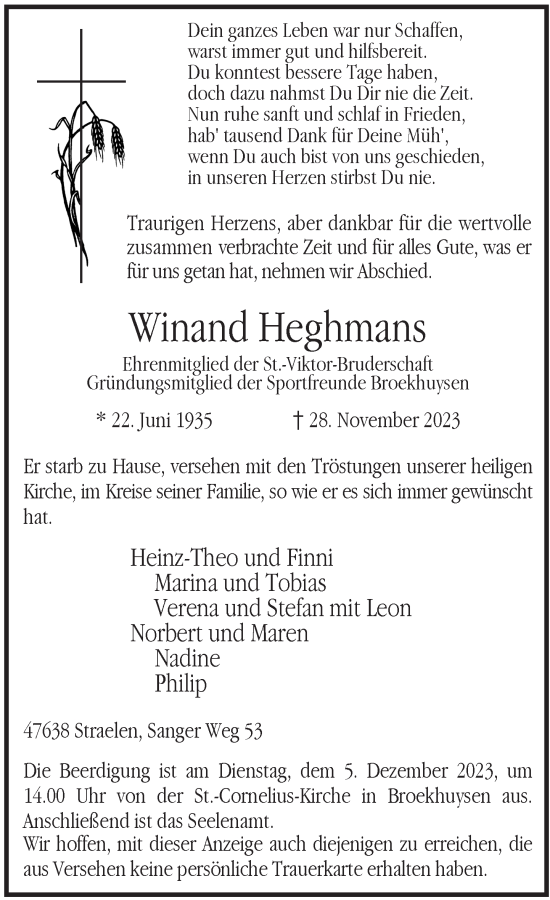 Traueranzeige von Winand Heghmans von Rheinische Post