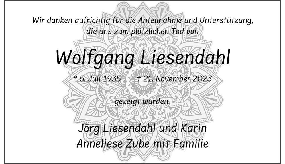  Traueranzeige für Wolfgang Liesendahl vom 23.12.2023 aus Rheinische Post