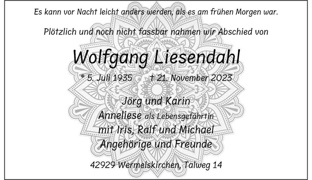  Traueranzeige für Wolfgang Liesendahl vom 02.12.2023 aus Rheinische Post