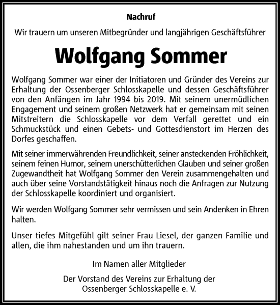 Traueranzeige von Wolfgang Sommer von Rheinische Post