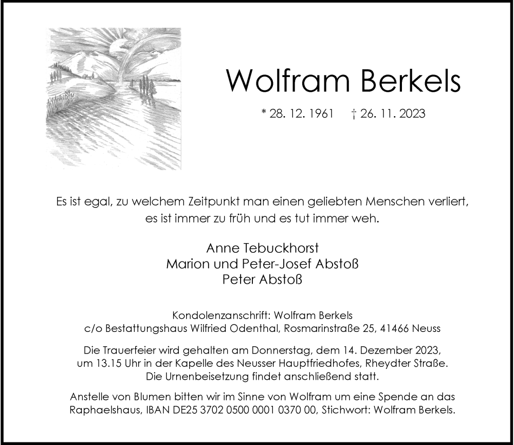  Traueranzeige für Wolfram Berkels vom 02.12.2023 aus Rheinische Post