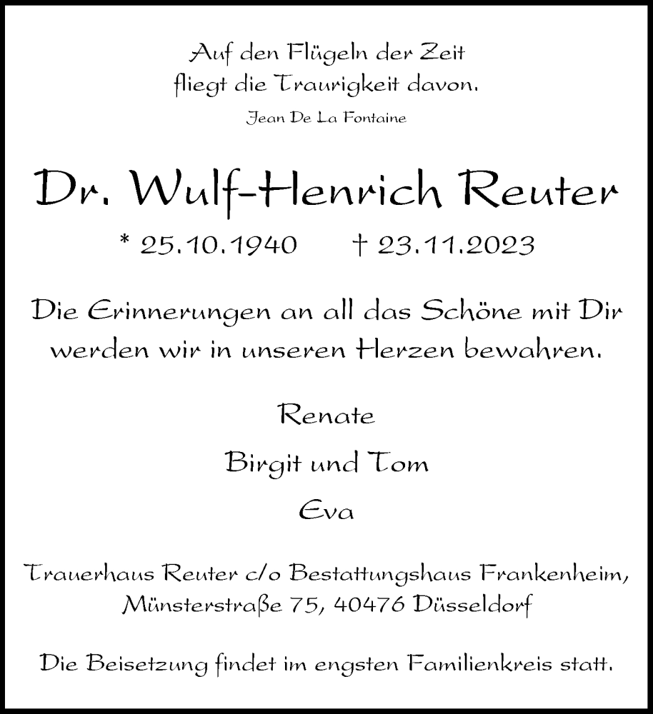  Traueranzeige für Wulf-Henrich Reuter vom 02.12.2023 aus Rheinische Post
