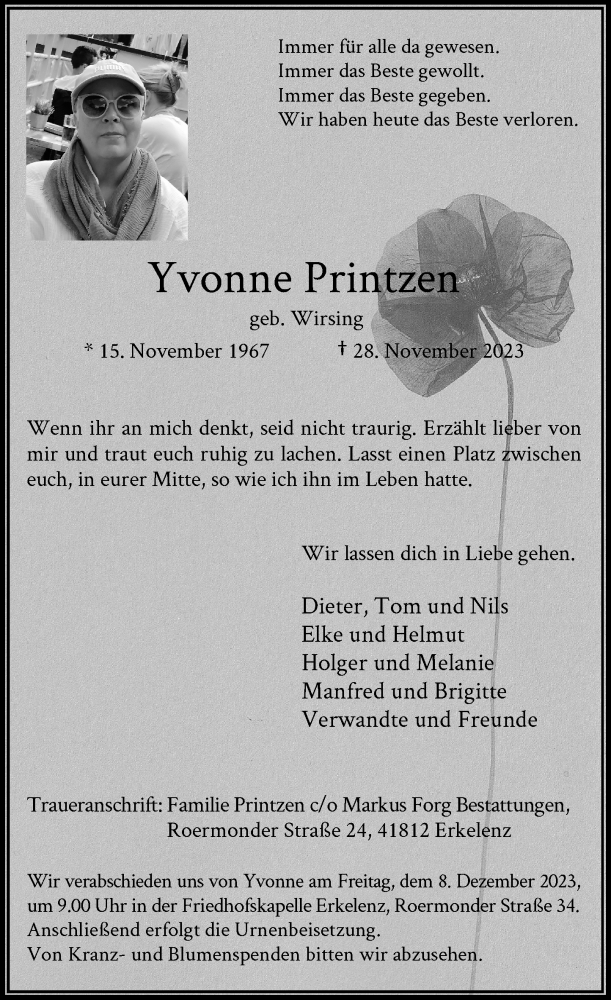  Traueranzeige für Yvonne Printzen vom 05.12.2023 aus Rheinische Post
