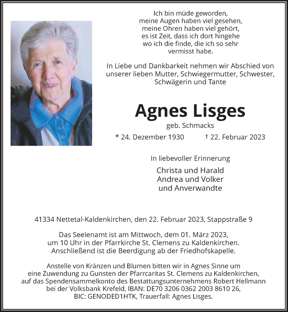  Traueranzeige für Agnes Lisges vom 25.02.2023 aus Rheinische Post