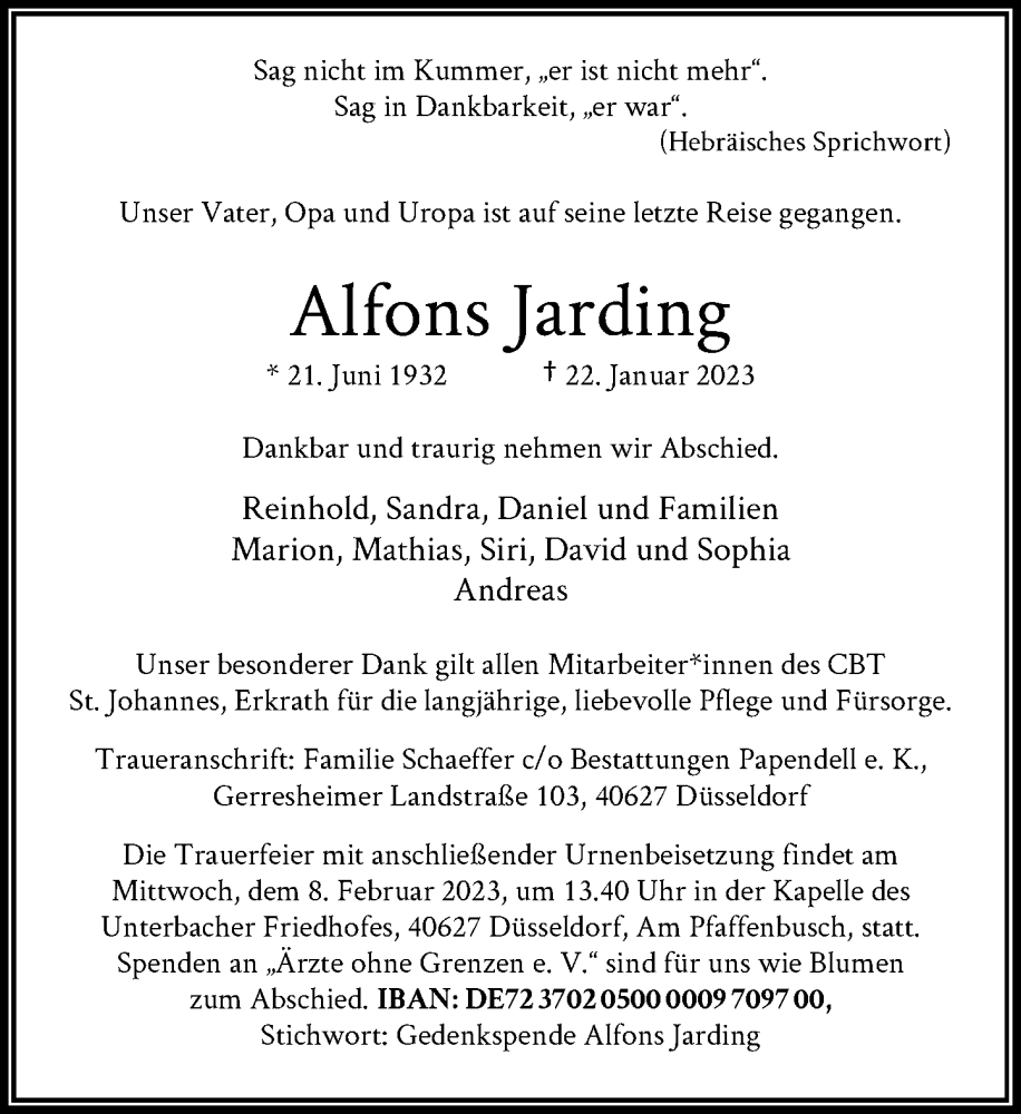  Traueranzeige für Alfons Jarding vom 04.02.2023 aus Rheinische Post