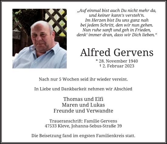 Traueranzeige von Alfred Gervens von Rheinische Post