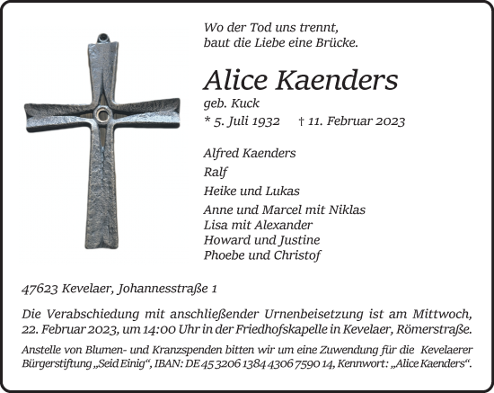 Traueranzeige von Alice Kaenders von Rheinische Post