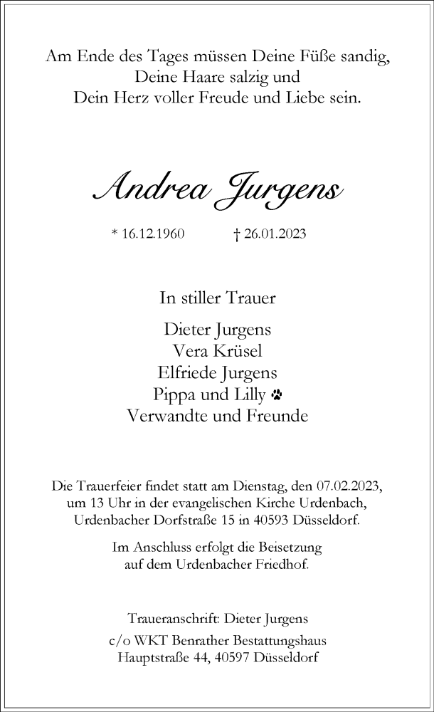  Traueranzeige für Andrea Jürgens vom 04.02.2023 aus Rheinische Post