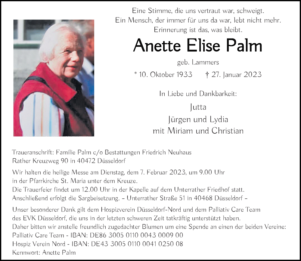  Traueranzeige für Anette Elise Palm vom 04.02.2023 aus Rheinische Post