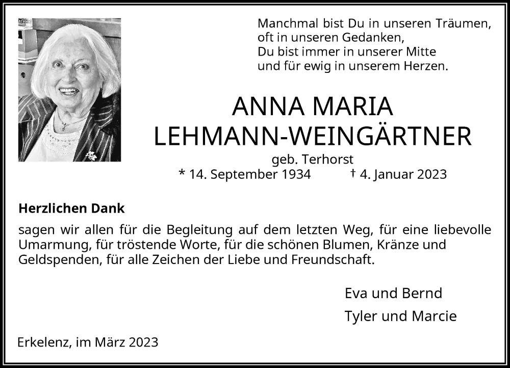  Traueranzeige für Anna Maria Lehmann-Weingärtner vom 04.03.2023 aus Rheinische Post