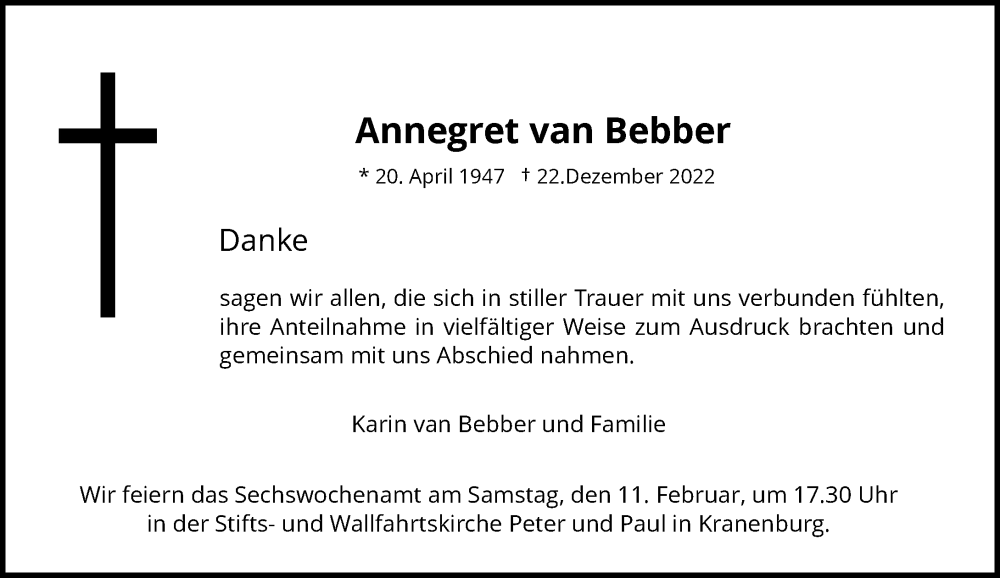  Traueranzeige für Annegret van Bebber vom 04.02.2023 aus Rheinische Post