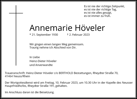 Traueranzeige von Annemarie Höveler von Rheinische Post