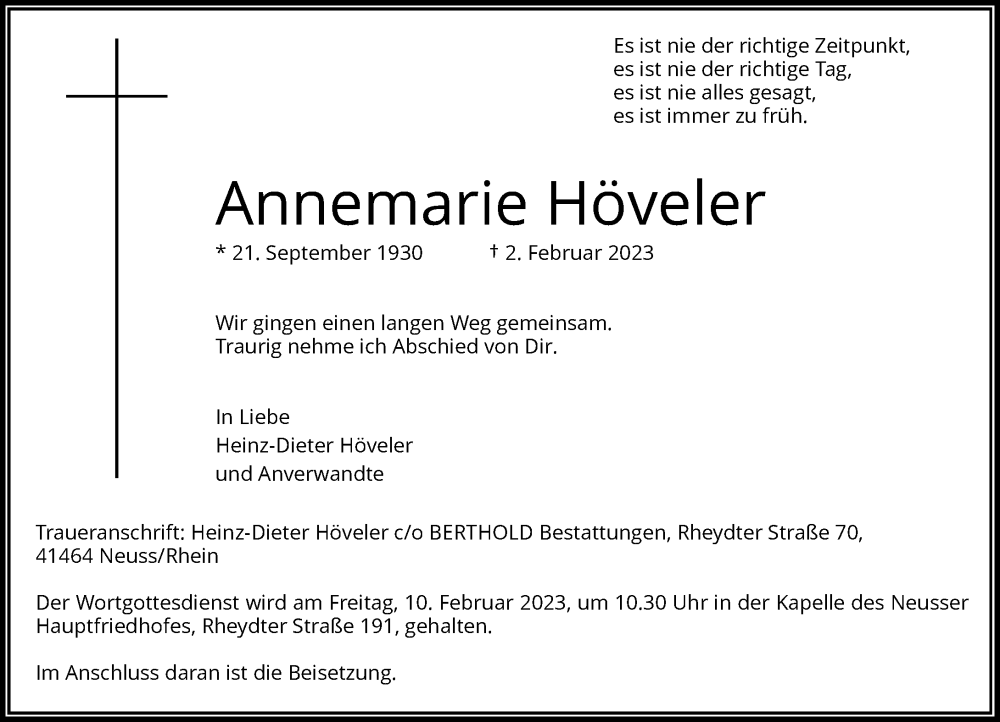  Traueranzeige für Annemarie Höveler vom 07.02.2023 aus Rheinische Post