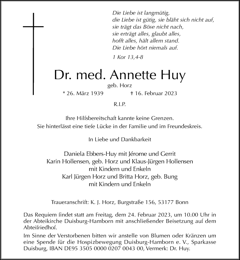  Traueranzeige für Annette Huy vom 18.02.2023 aus Rheinische Post