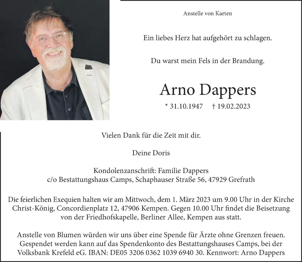  Traueranzeige für Arno Dappers vom 25.02.2023 aus Rheinische Post