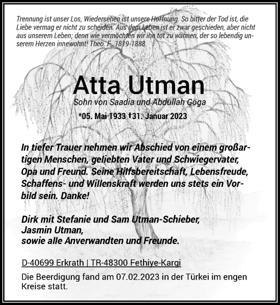 Traueranzeige von Atta Utman von Rheinische Post