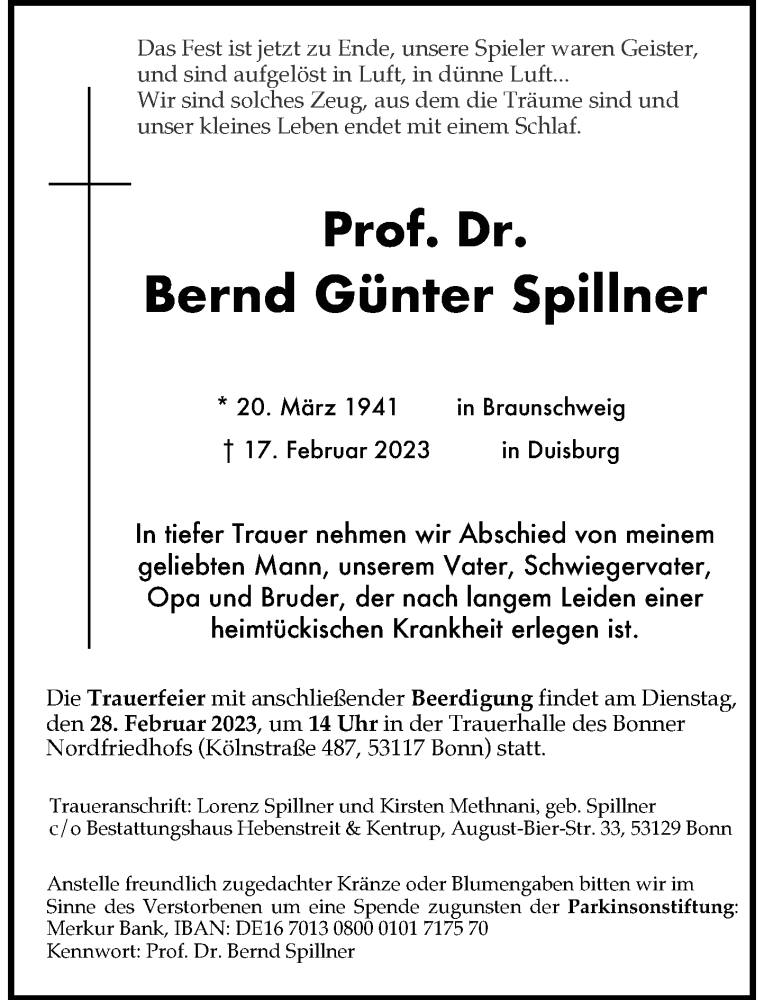  Traueranzeige für Bernd Günter Spillner vom 25.02.2023 aus Rheinische Post