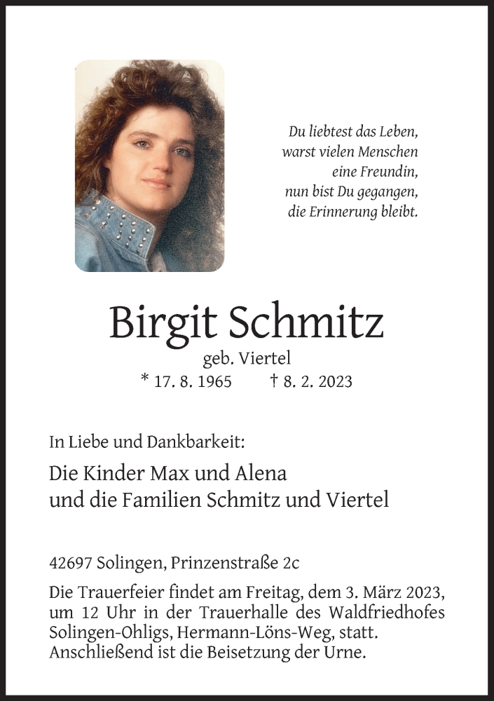  Traueranzeige für Birgit Schmitz vom 18.02.2023 aus Rheinische Post