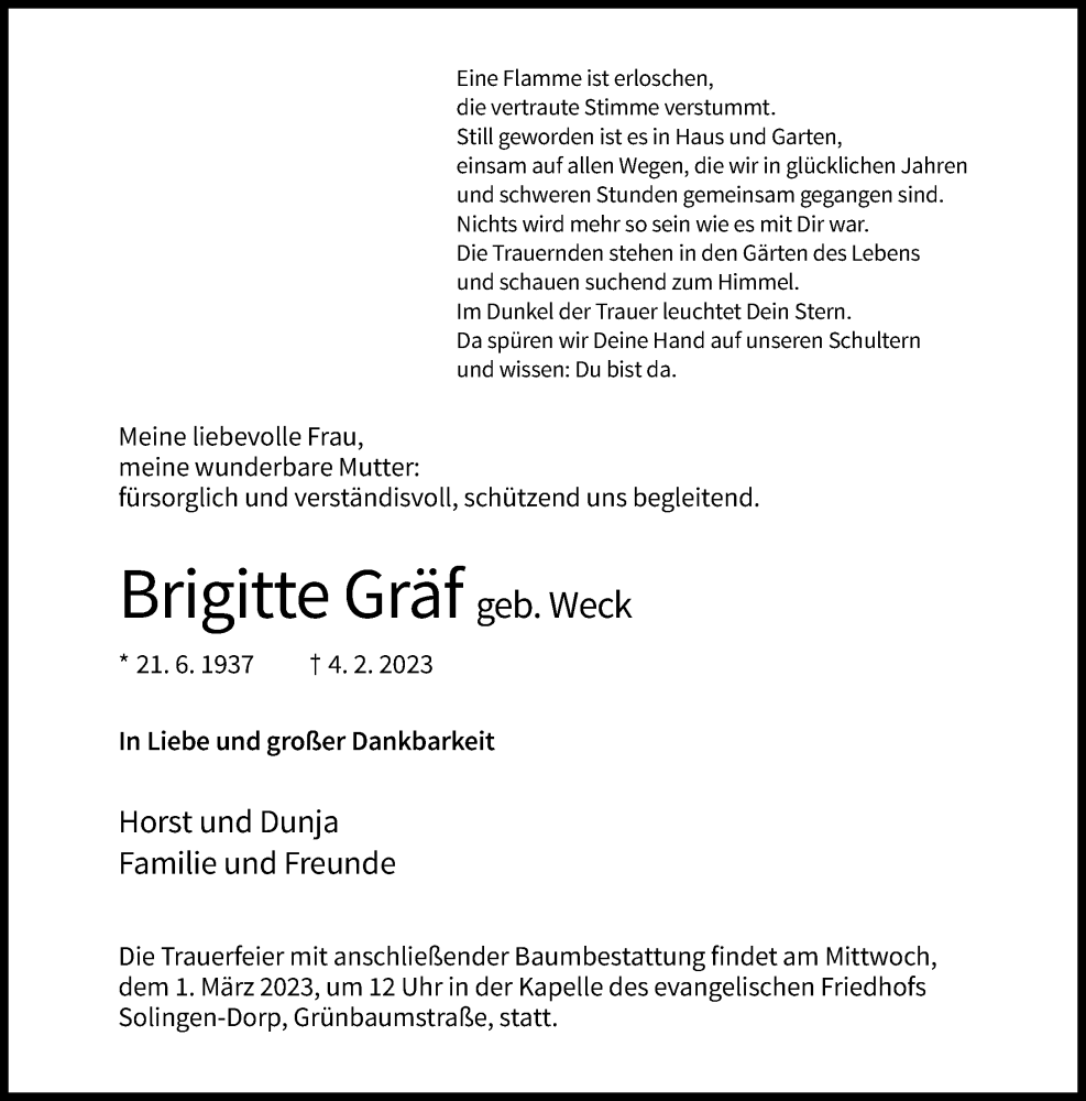  Traueranzeige für Brigitte Gräf vom 25.02.2023 aus Rheinische Post